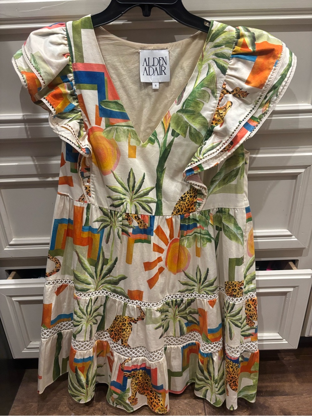 Alden Adair Cream Tropical Sun & Leopard Ruffle Dress